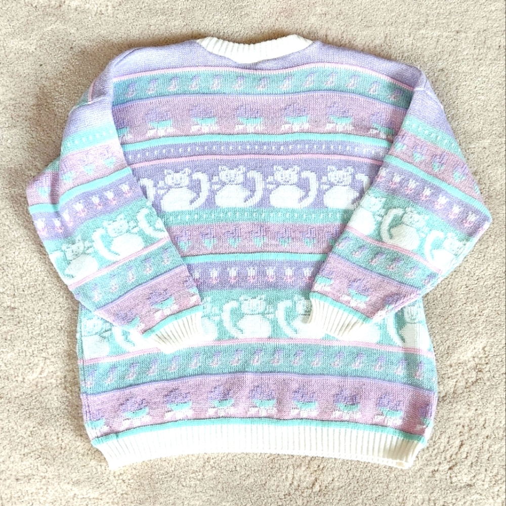 Vintage 1980s Rose Cats Fairy Kei Kawaii Pastel Sweater Sparkle Thread large - Picture 3 of 10